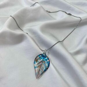 Early 2000's Large Blue Purple Boho Fairy Glass Leaf Pendant Necklace